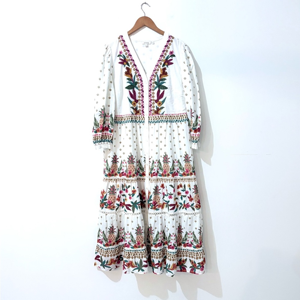 Chico's Beaded Button Down Ruffled Tiered Loose Maxi Dress w/ Pockets Size 14